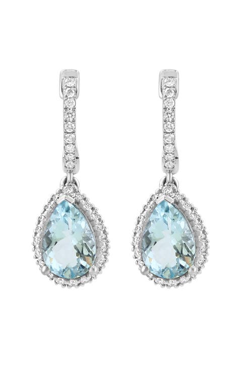 14K White Gold Diamond Pear Aquamarine Drop Earrings
