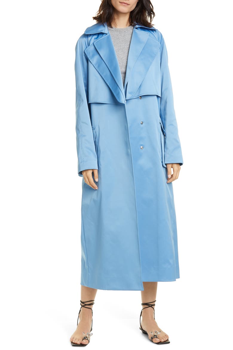 Duchesse Tech Satin Trench Coat, Main, color, SKY BLUE