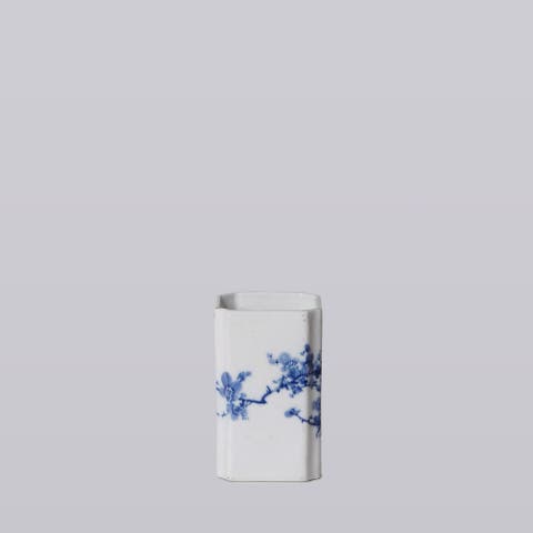 1920s Blue and White Porcelain Cherry Blossom Square Vase