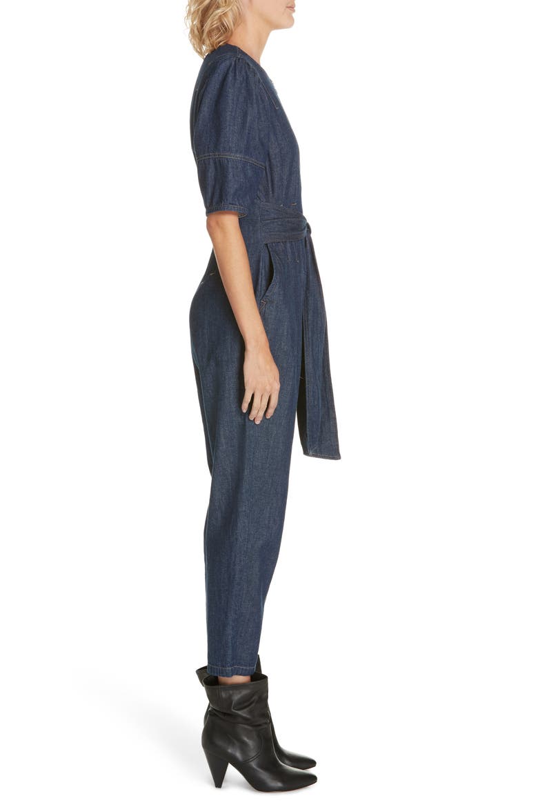 Puff Sleeve Denim Jumpsuit, Alternate, color, RINSE WASH