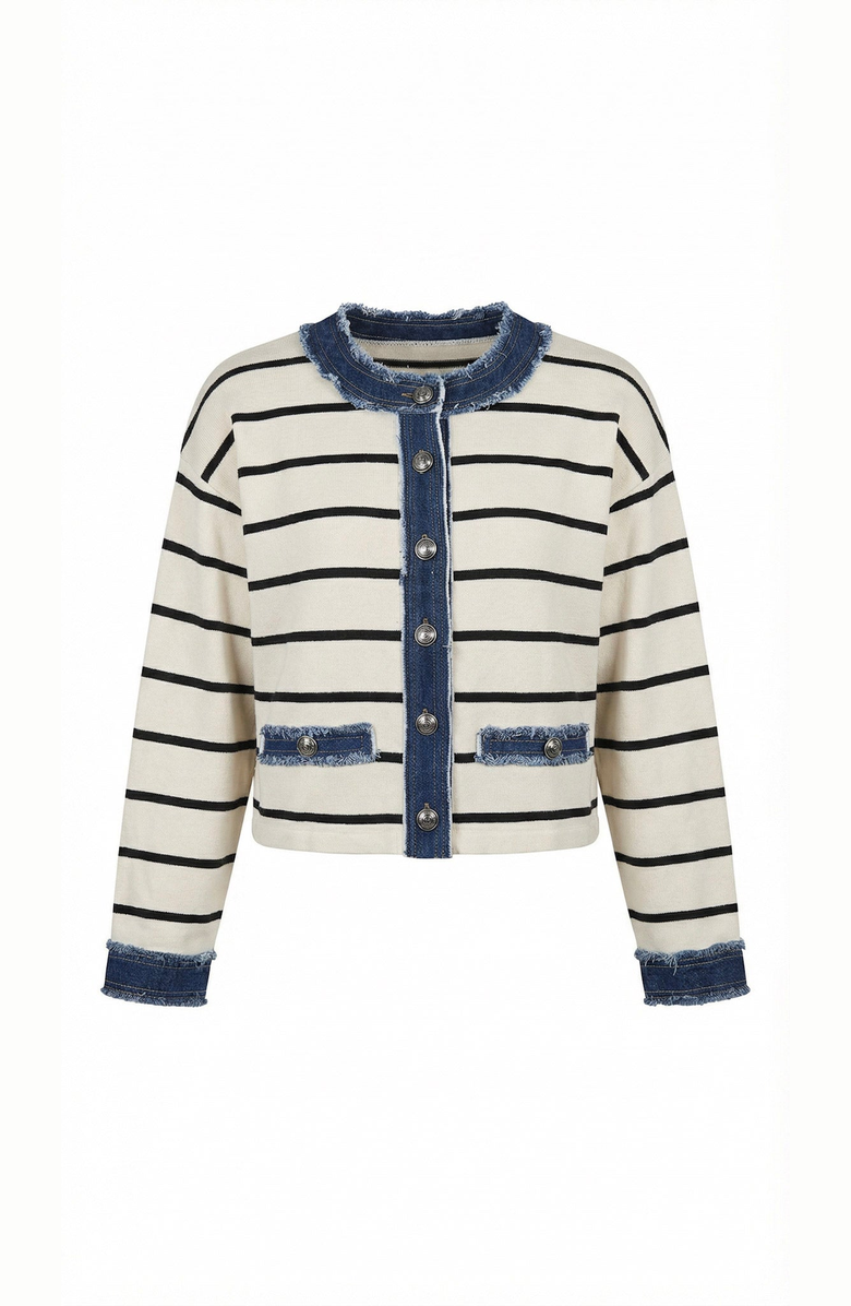 Modenaire Striped Knit Denim Trim Cardigan, Alternate, color, Cream / Navy Blue