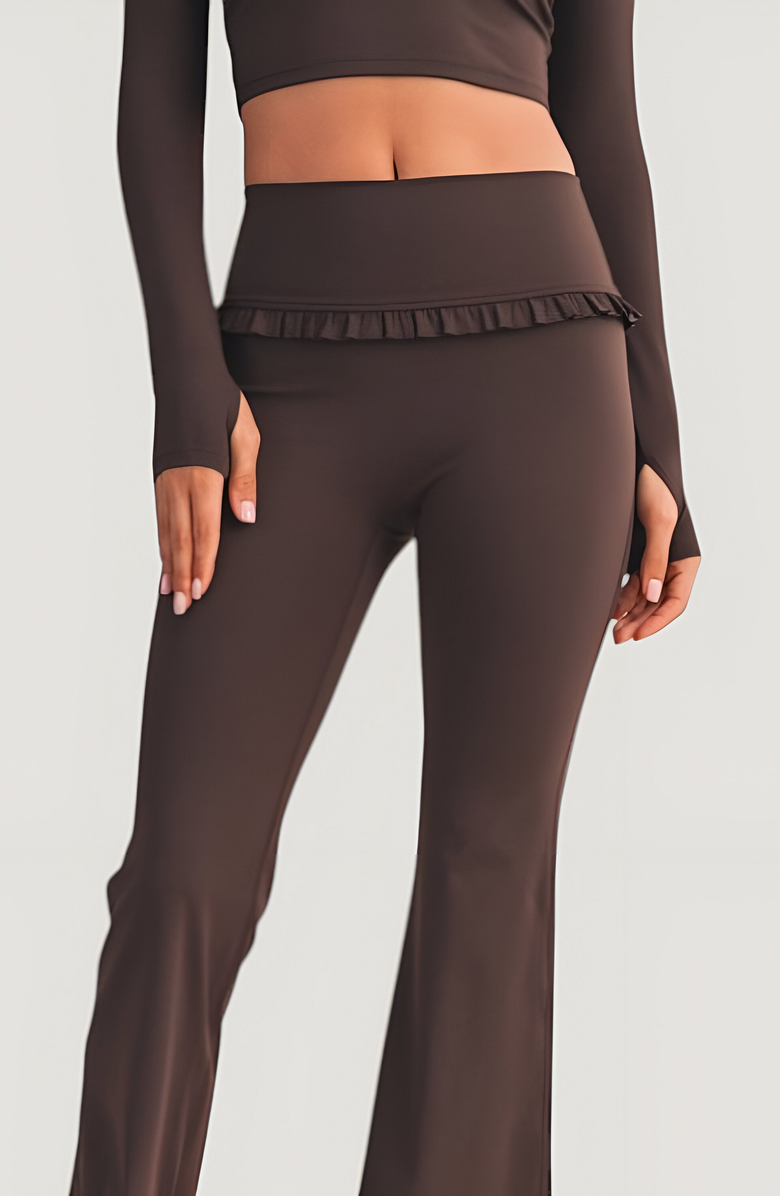 Modenaire High Waist Flare Pants with Ruffle Trim Waist and Stretch Fit, Alternate, color, 