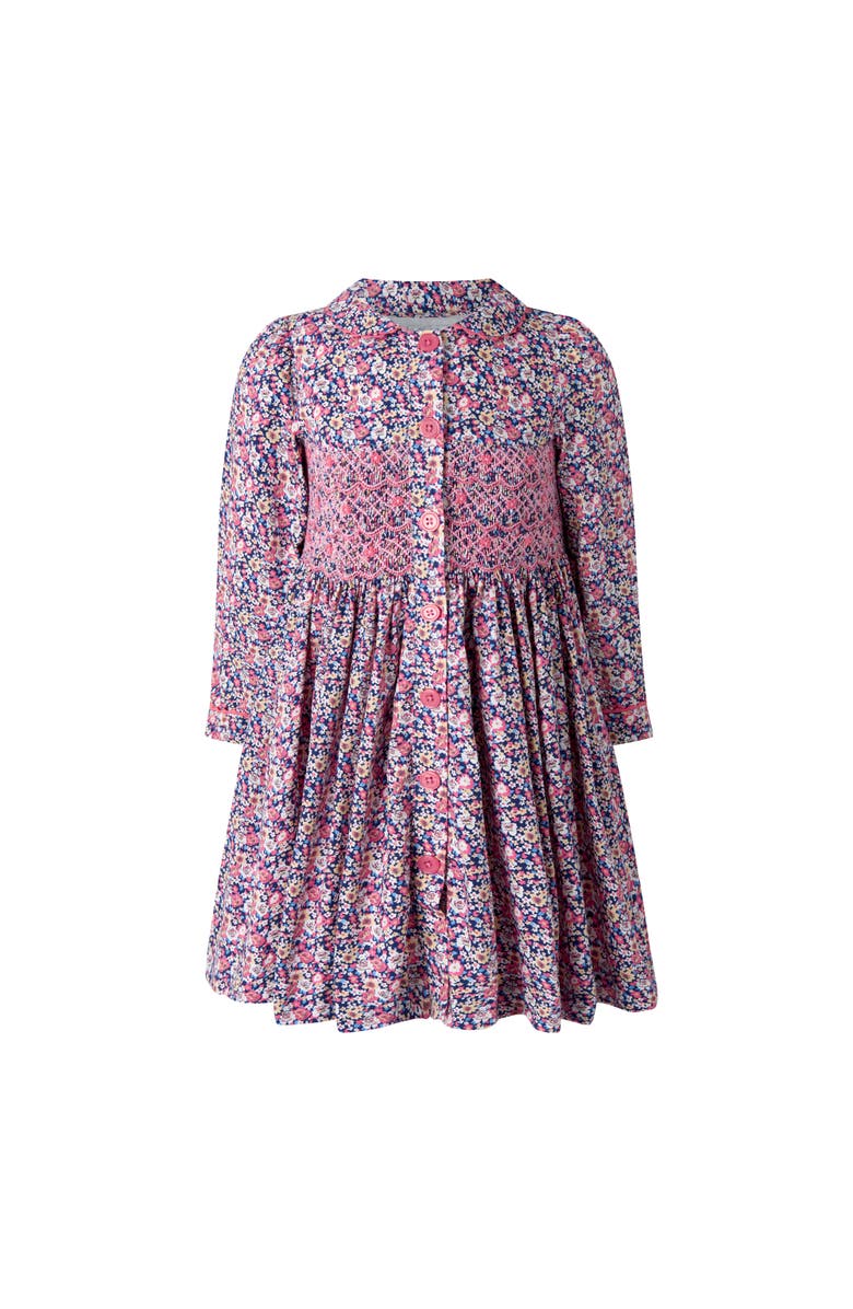 Rachel Riley Floral Smocked Button-Front Dress, Main, color, Navy