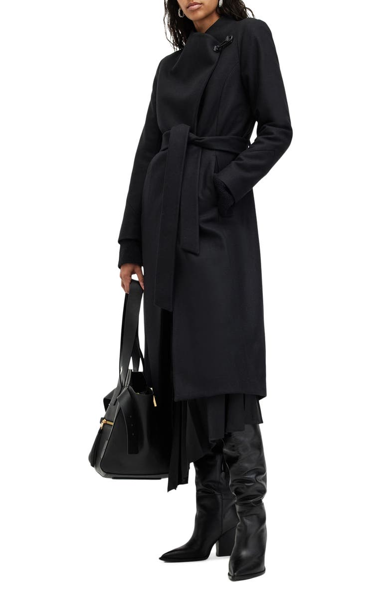 AllSaints Riley Wool Blend Belted Coat, Alternate, color, Black