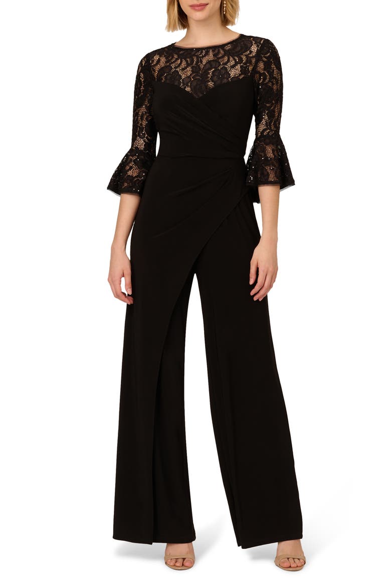 Bell Sleeve Lace & Jersey Jumpsuit, Main, color, BLACK