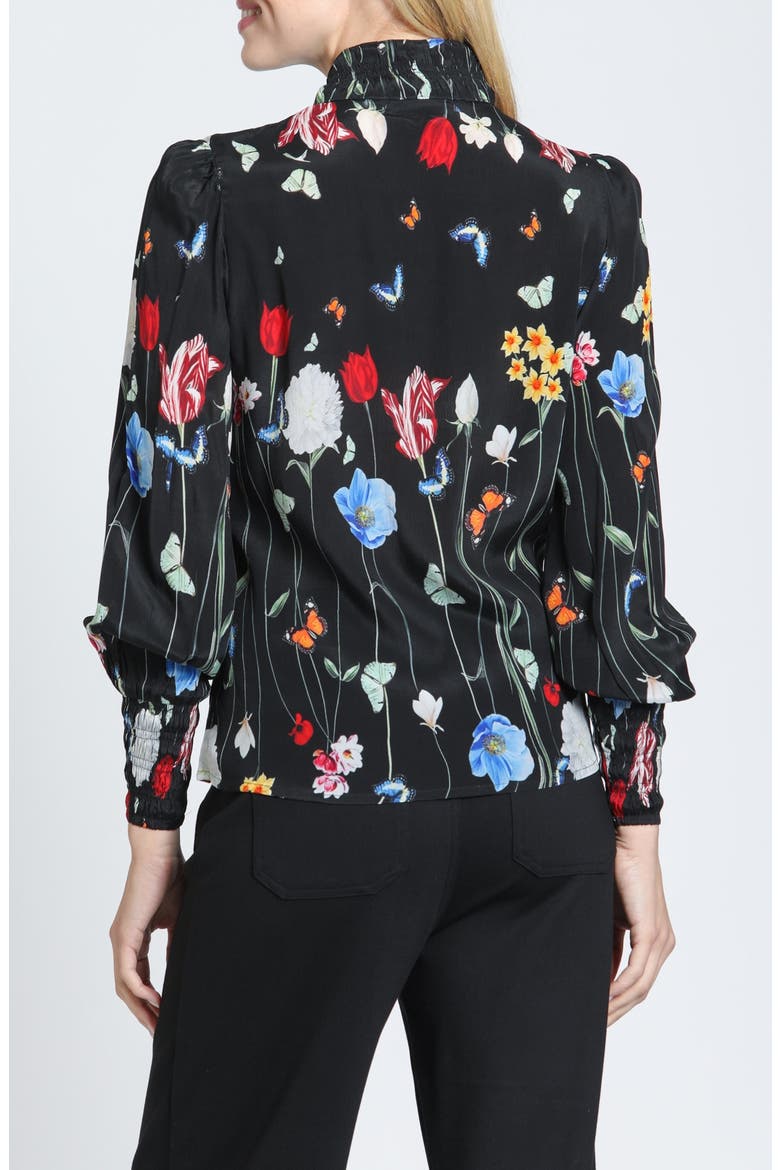 Print Smocked Cuff Long Sleeve Top, Alternate, color, ONYX/PRIMARY PETALS