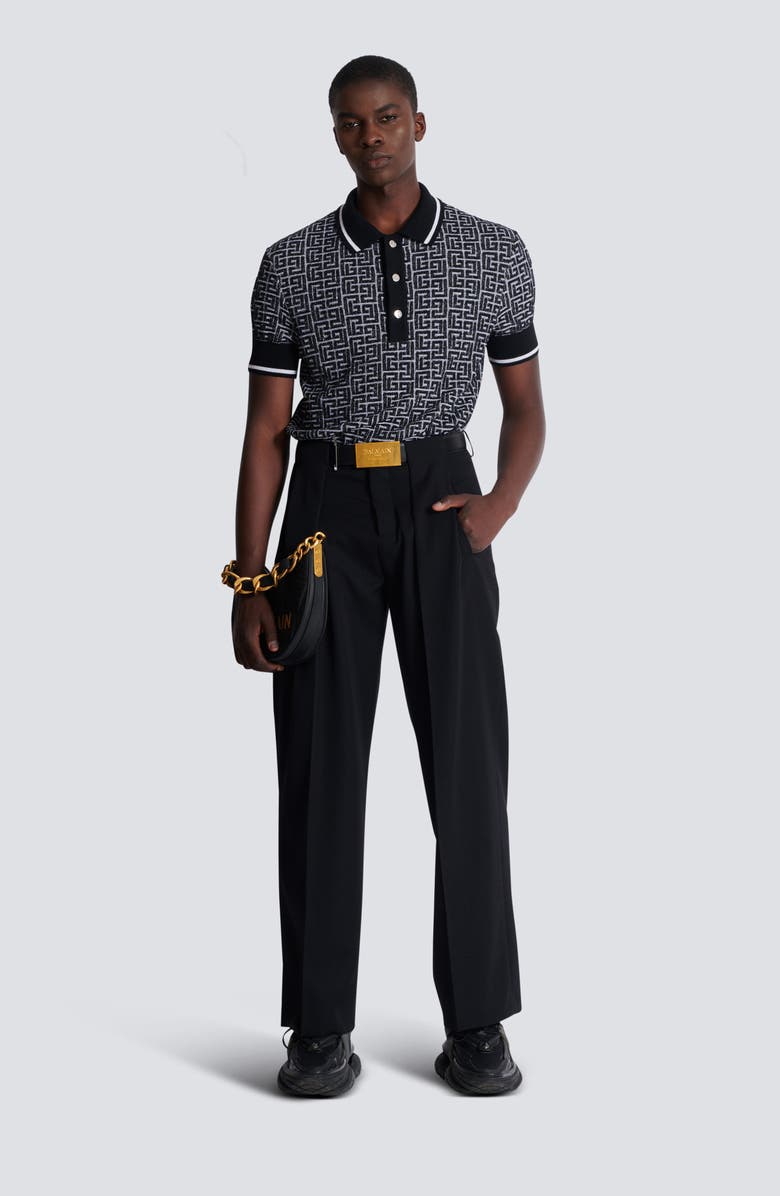 Balmain Monogram Jacquard Merino Wool Polo Sweater, Alternate, color, Gab White/ Black