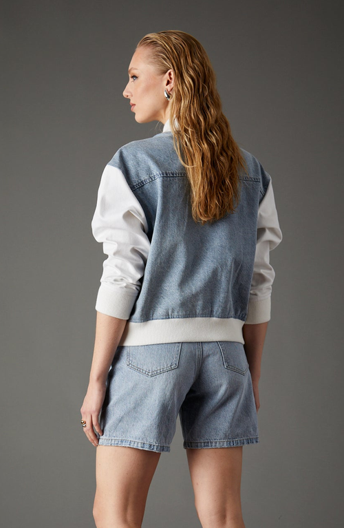Blue Revival Admiral Mixed Media Bomber In Light Stone