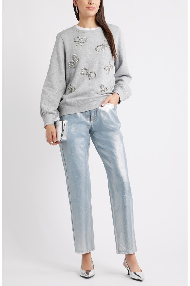 Crystal Bow Embellished Sweatshirt, Alternate, color, GREY HEATHER BOW EMBELLISHMENT