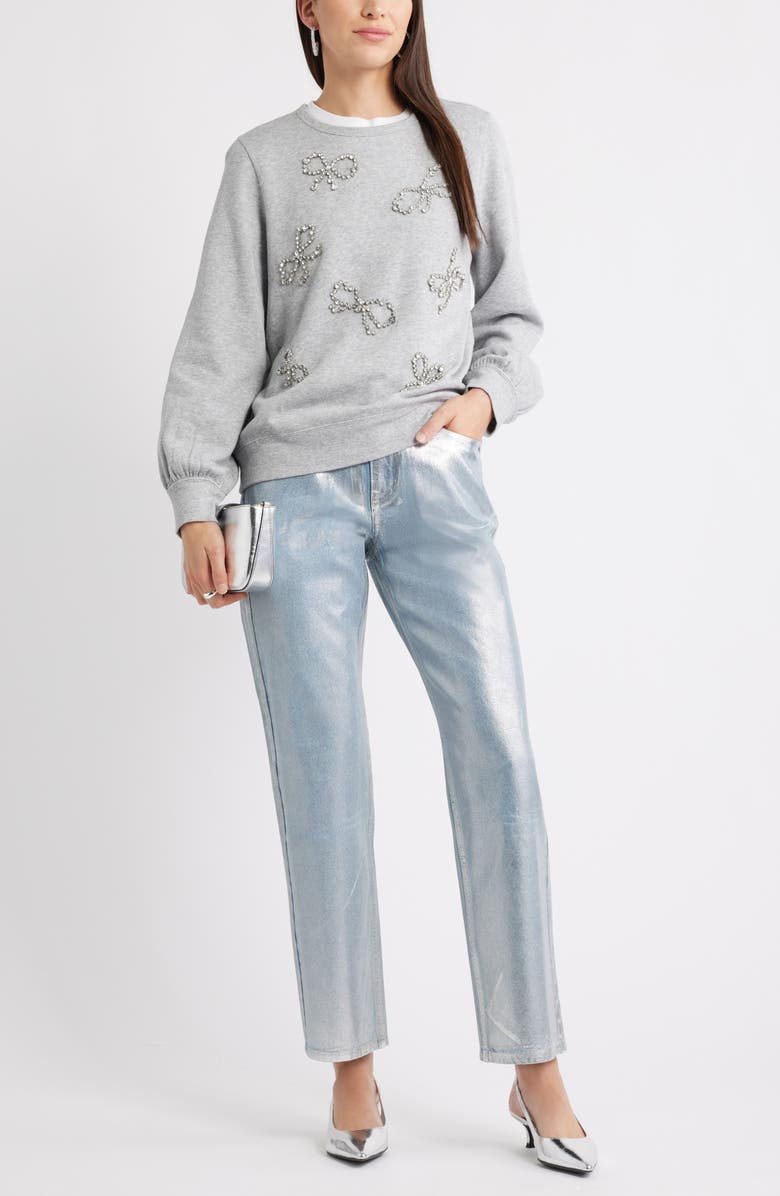 Caslon<sup>®</sup> Crystal Bow Embellished Sweatshirt, Alternate, color, Grey Heather Bow Embellishment