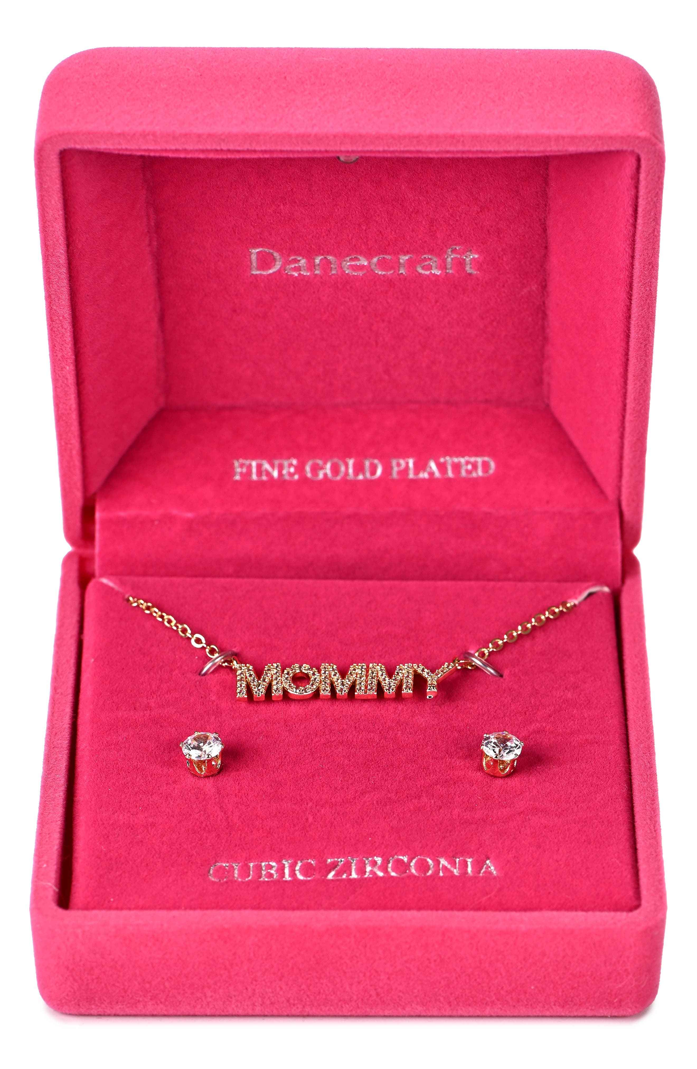 Danecraft Mommy Necklace & Cubic Zirconia Stud Earrings Set