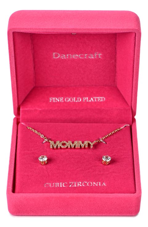 Mommy Necklace & Cubic Zirconia Stud Earrings Set