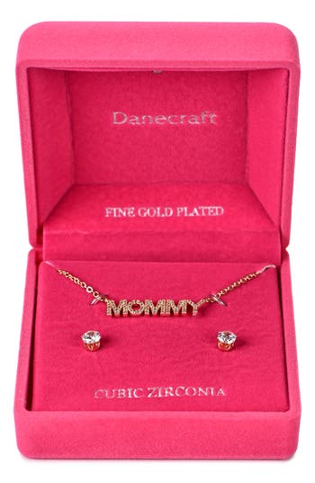 Danecraft Mommy Necklace & Cubic Zirconia Stud Earrings Set In Gold