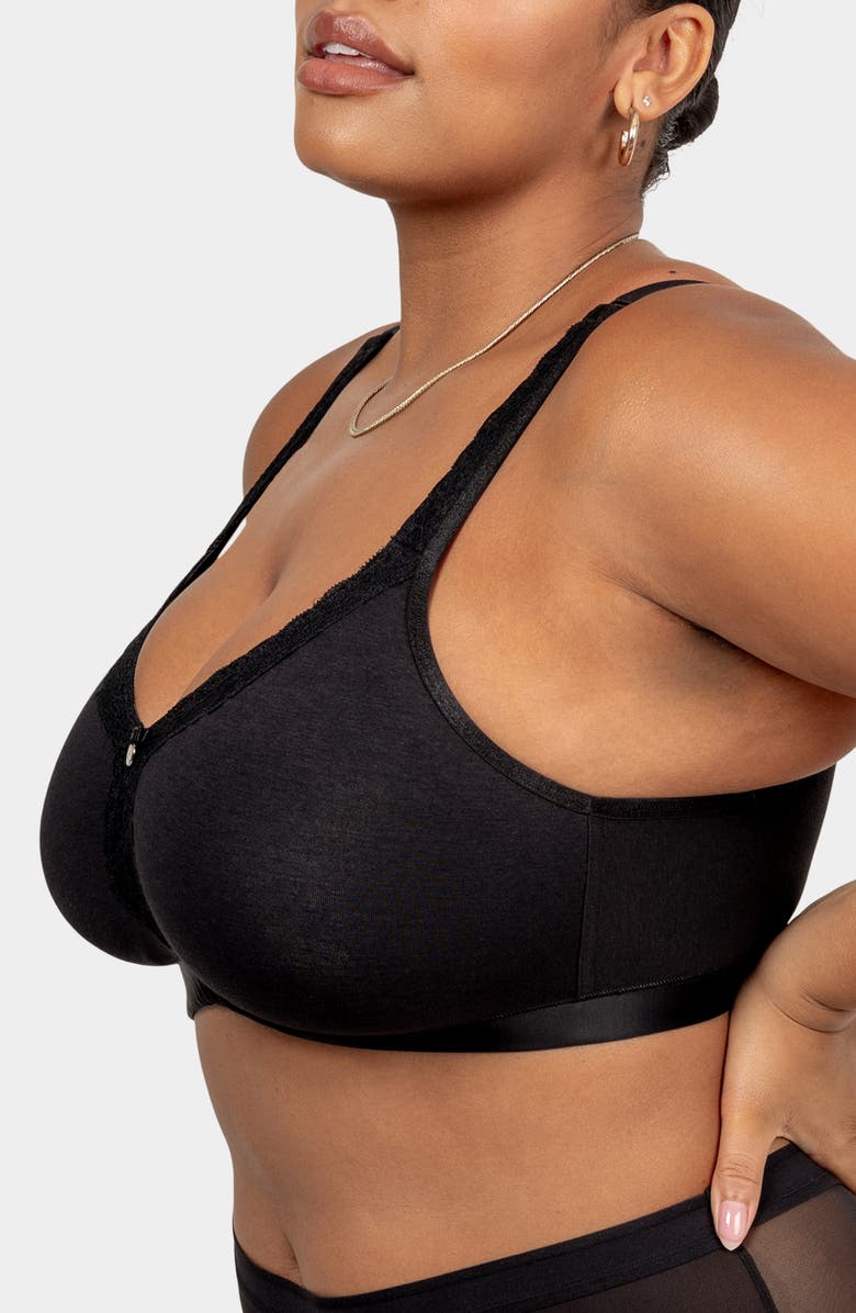 Curvy Couture Lace Trim Wireless Bra, Alternate, color, Black On Black