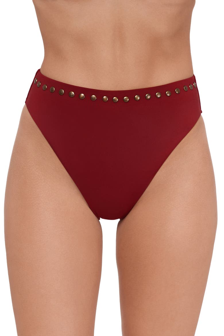 Studded High Cut Bikini Bottoms, Main, color, SANGRIA