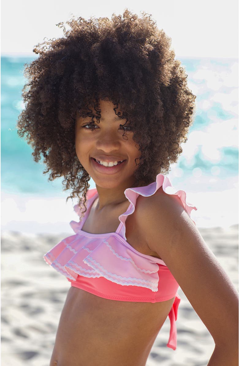 NESSI BYRD Bandeau Tiered Ruffle Color-Blocked Two-Piece Bikini, Alternate, color, Pink