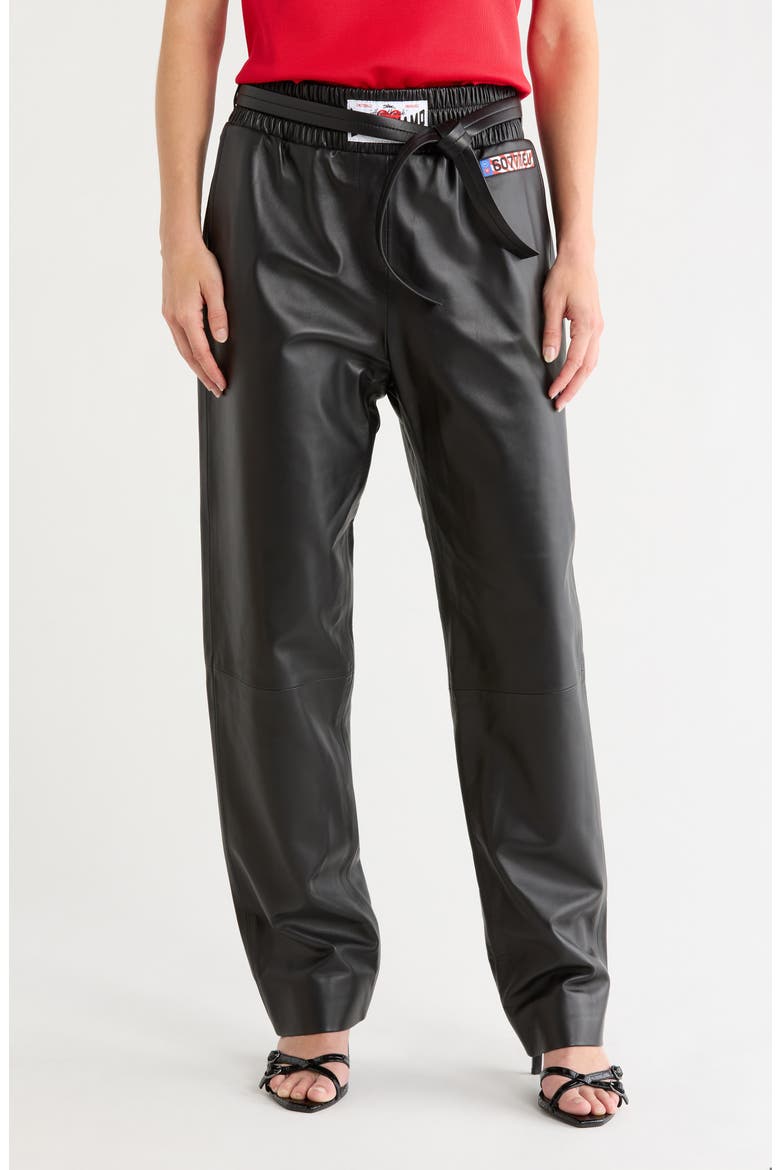 Leather Paperbag Waist Straight Leg Pants, Main, color, BLACK