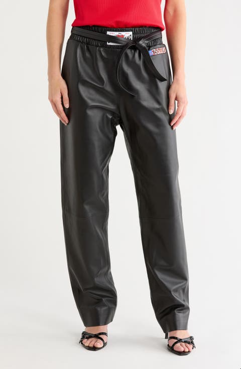 Leather Paperbag Waist Straight Leg Pants