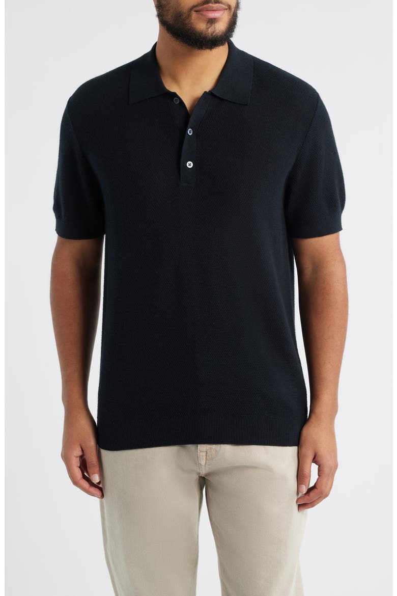Short Sleeve Textured Cotton & Silk Polo Sweater, Main, color, BLACK
