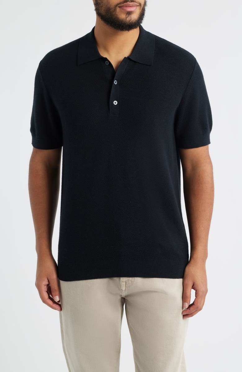 Nordstrom Short Sleeve Textured Cotton & Silk Polo Sweater, Main, color, Black