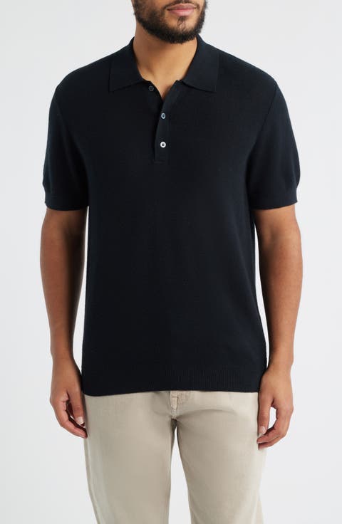 Short Sleeve Textured Cotton & Silk Polo Sweater