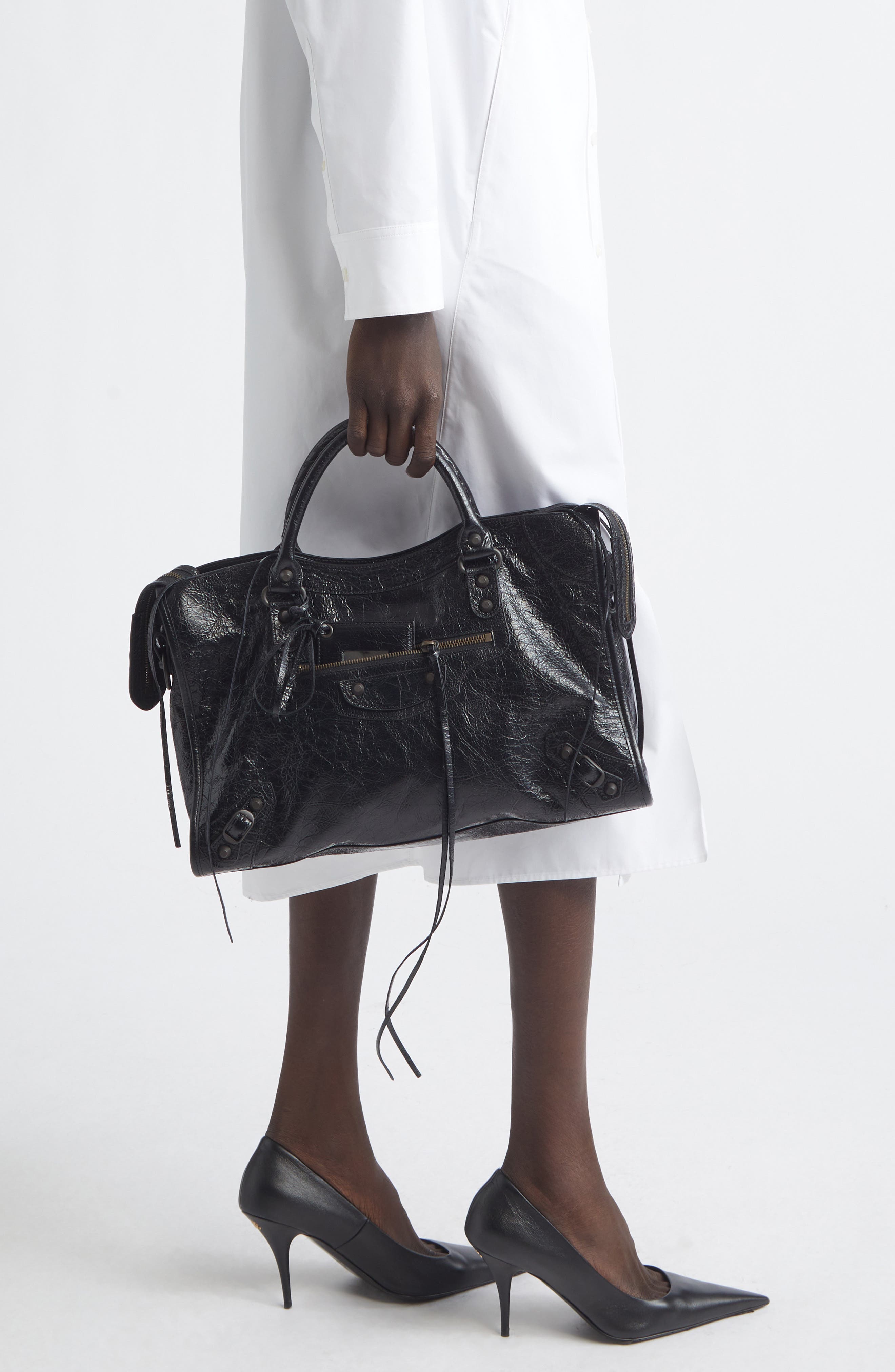 Balenciaga Medium Le City Leather Satchel, Alternate, color, 1000 Black