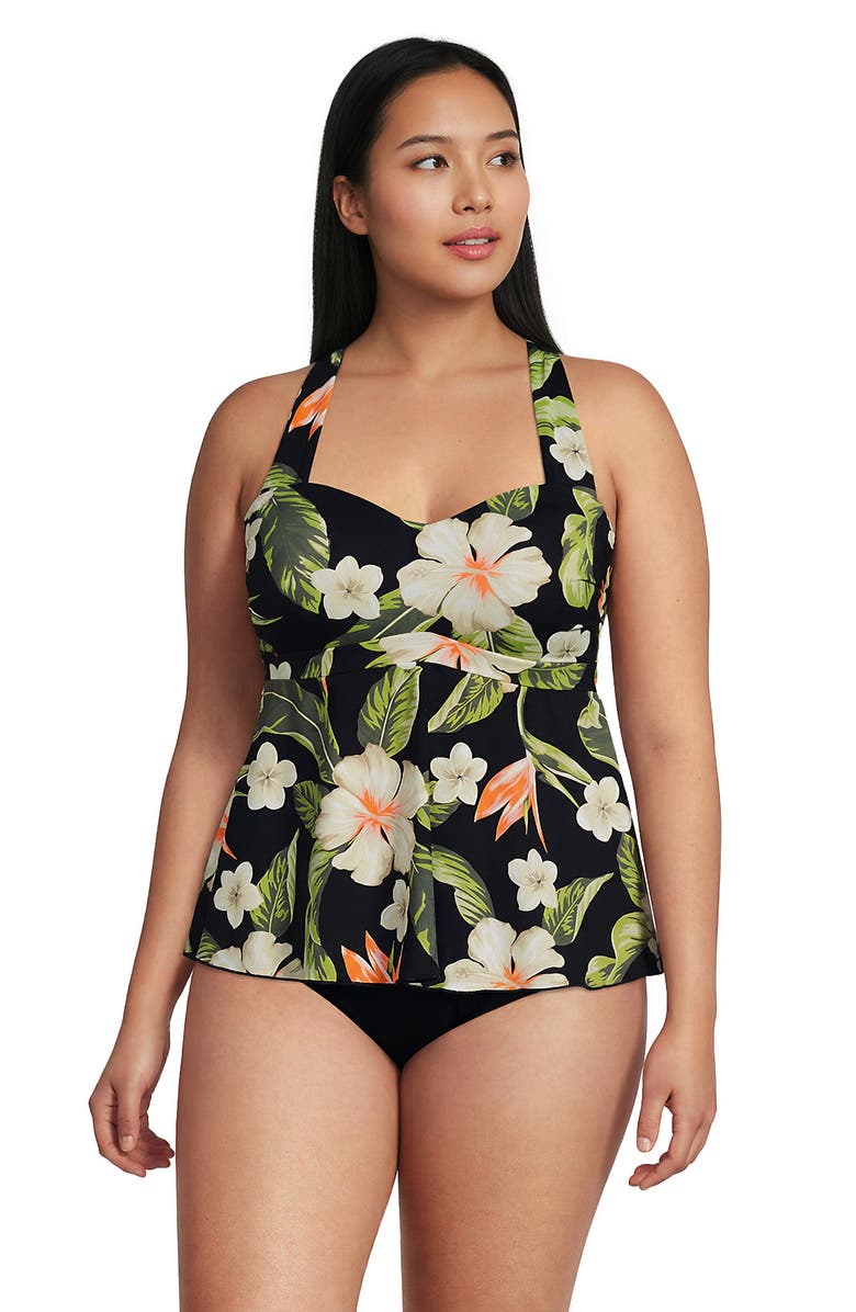 Lands' End Plus Size Sweetheart Fauxkini One Piece, Main, color, Hibiscus Floral/Black