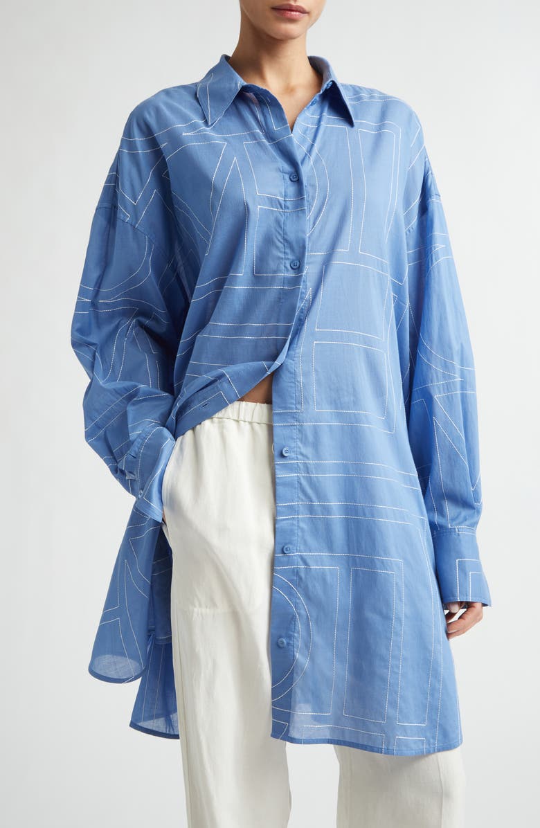 TOTEME Embroidered Oversize Long Sleeve Cotton & Lyocell Voile Shirtdress, Alternate, color, Cobalt