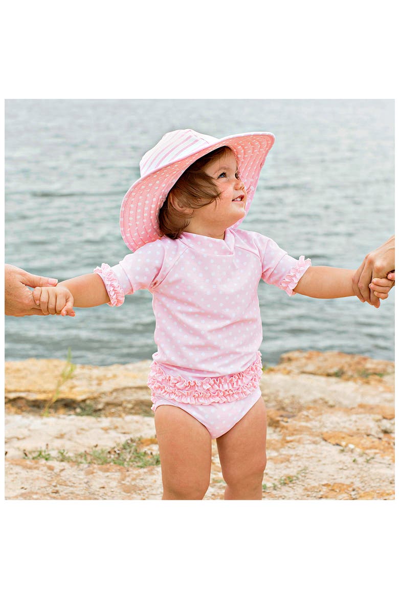 Pink Polka Dot Two-Piece Rashguard Swimsuit & Hat Set, Alternate, color, PINK
