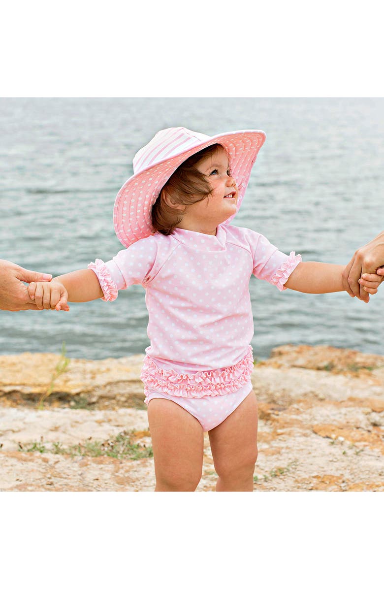 RuffleButts Pink Polka Dot Two-Piece Rashguard Swimsuit & Hat Set, Alternate, color, 