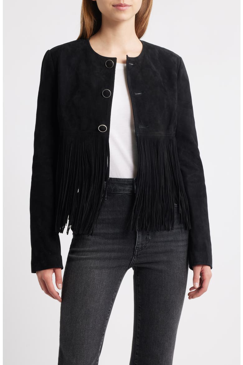 The Saddle Suede Fringe Jacket, Alternate, color, BLACK
