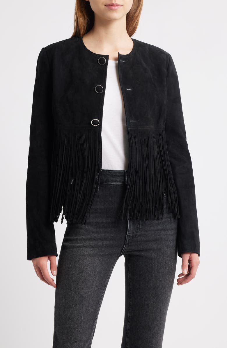 FRAME The Saddle Suede Fringe Jacket, Alternate, color, Black