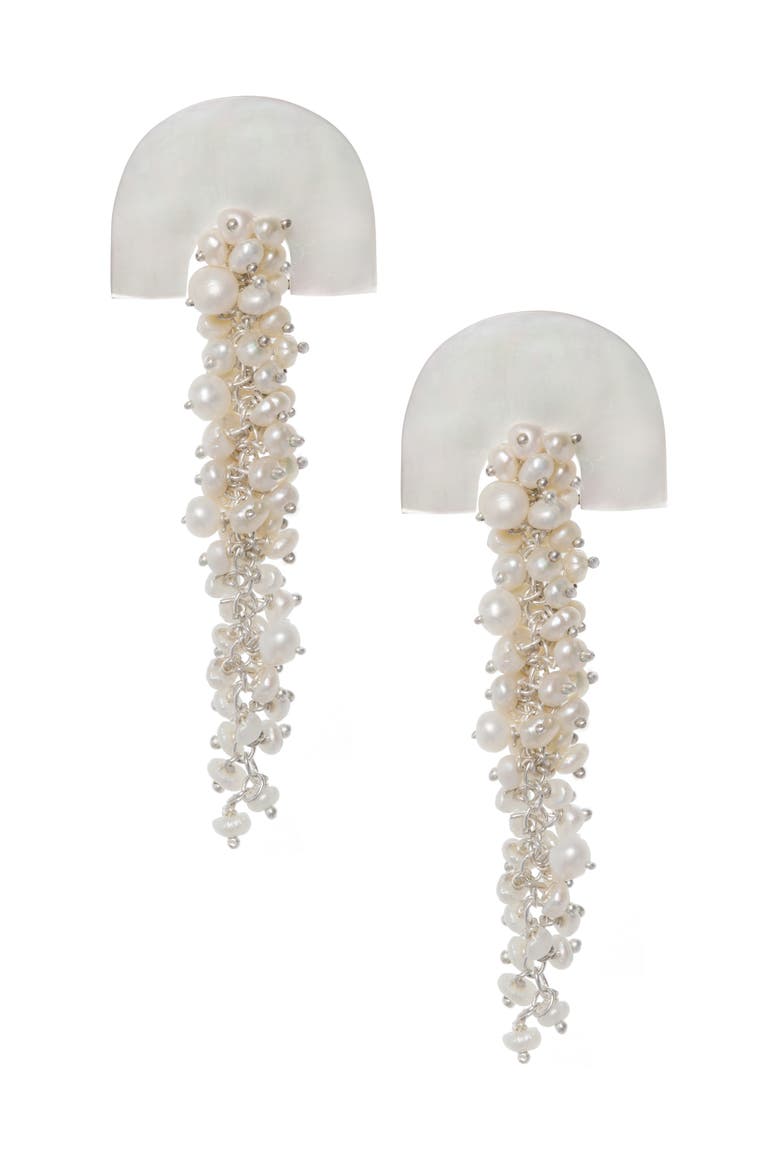 Hakuro Mother of Pearl and Pearl Long Drops, Main, color, Silver