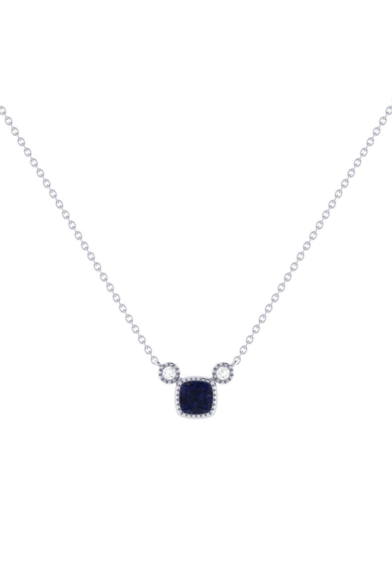 Cushion Cut Sapphire & Diamond 14K Gold Birthstone Necklace, Main, color, White Gold