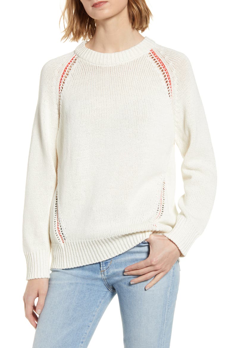Contrast Stitch Slouchy Sweater, Main, color, NATURAL WHITE AND HOT RED