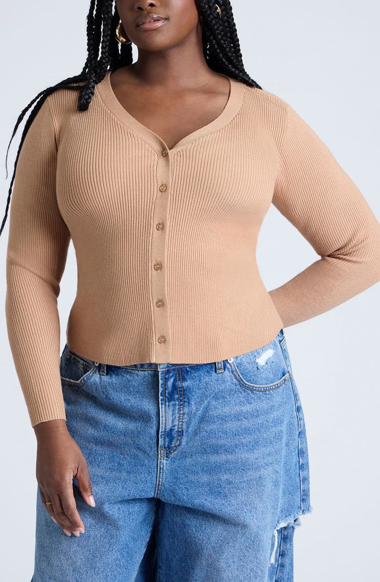 ELOQUII Fitted V-Neck Rib Cardigan, Main, color,