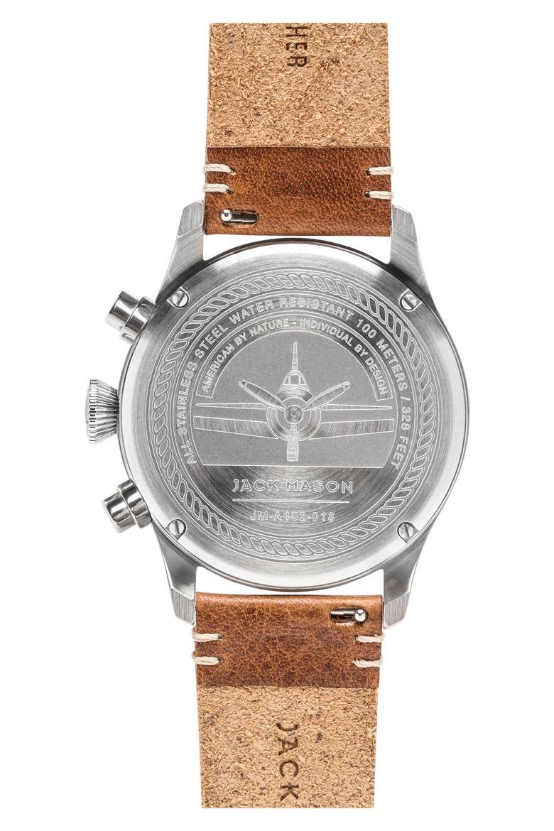 Chronograph Leather Strap Watch, 42mm, Alternate, color, NAVY/ SILVER/ SADDLE