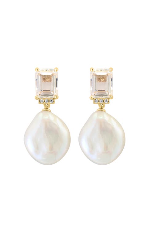 14K Yellow Gold Diamond,White Topaz,Fresh Water Pearl Earrings