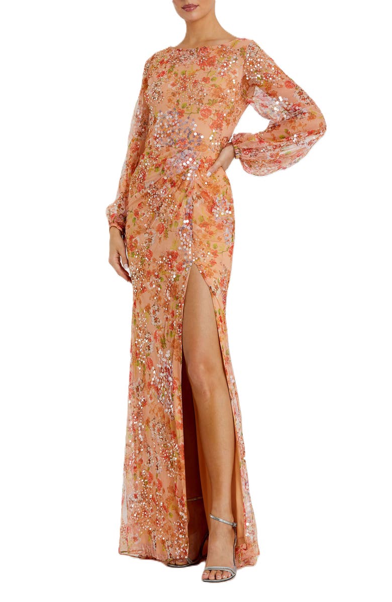 Mac Duggal Floral Print Sequined Puff Sleeve Gown, Main, color, Apricot