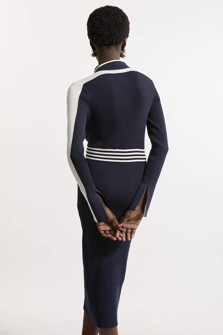 Rib Knit Polo Zip Up Midi Dress, Alternate, color, Navy