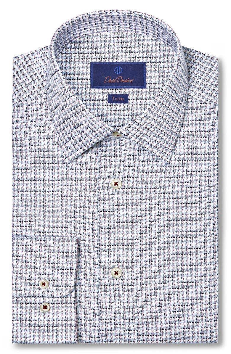 David Donahue Trim Fit Jaspé Check Twill Cotton Dress Shirt, Main, color, Blue/ Merlot