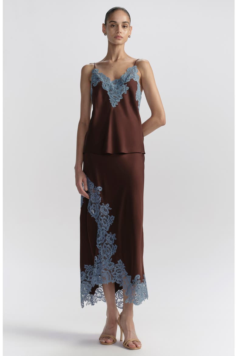 Olivia Lace Trim Asymmetric Satin Maxi Skirt, Alternate, color, GANACHE/ FRENCH BLUE