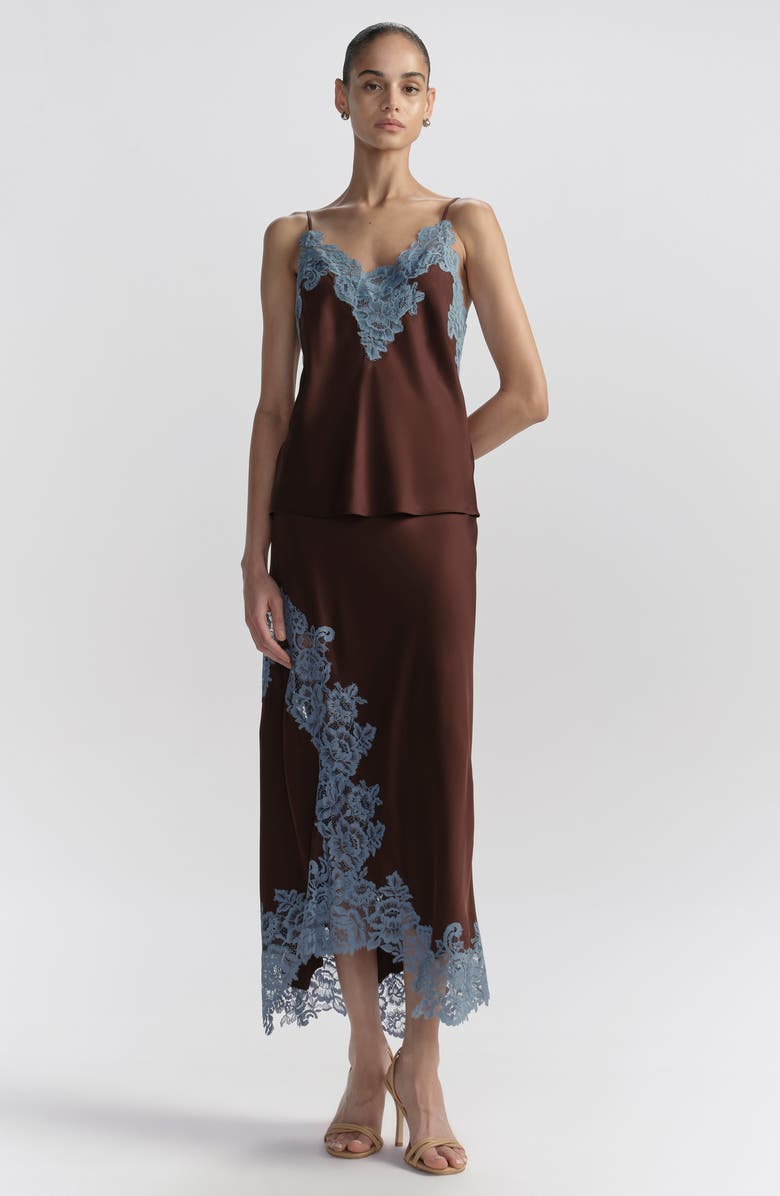 A.L.C. Olivia Lace Trim Asymmetric Satin Maxi Skirt, Alternate, color, Ganache/ French Blue