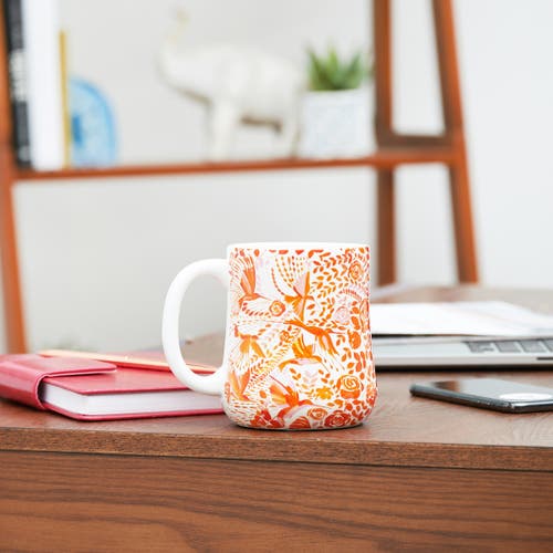 Carol & Frank 16 Oz. Orange Hummingbird Floral Ceramic Coffee Tea Hot Cocoa Drinking Mug W/ Handle In Orange