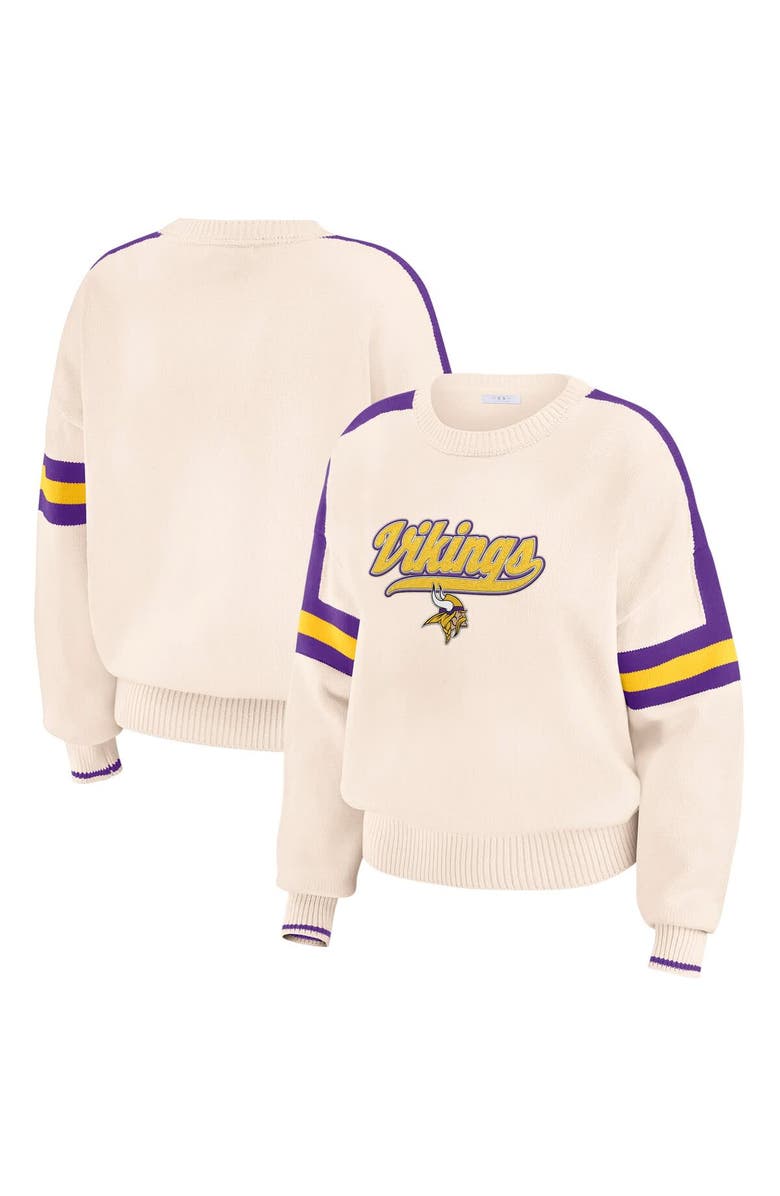 WEAR by Erin Andrews Women's WEAR by Erin Andrews  Cream Minnesota Vikings Stripe Pullover Sweater, Main, color, 