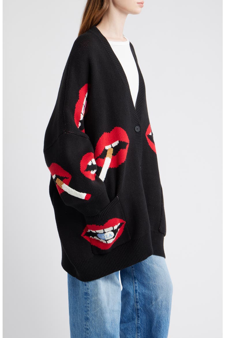 Smoking Mouth Oversize Cardigan, Alternate, color, BLACK