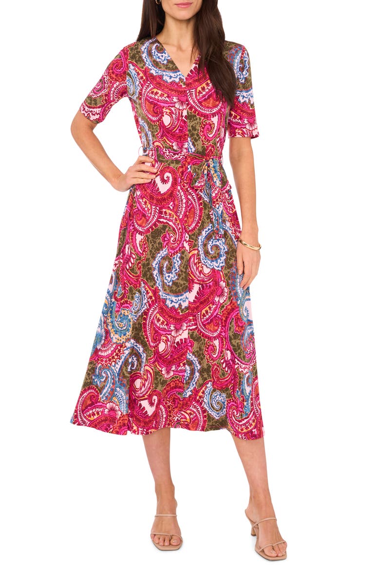 Faux Wrap Midi Dress, Main, color, OLIVE FUSCHIA RUST