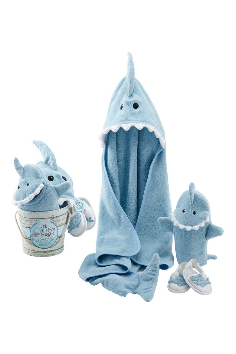 Let the Fin Begin Hooded Terry Robe, Bath Mitt & Slippers Set, Alternate, color, LIGHT BLUE