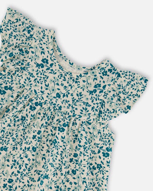 Deux Par Deux Girls' Printed Organic Cotton Dress - Big Kid In Small Turquoise Flowers