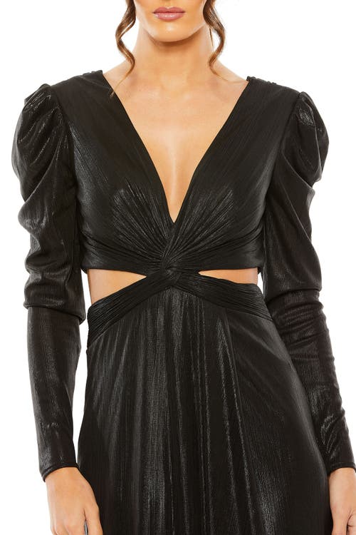 Mac Duggal Princess Sleeve Cut Out Metallic Gown In Black